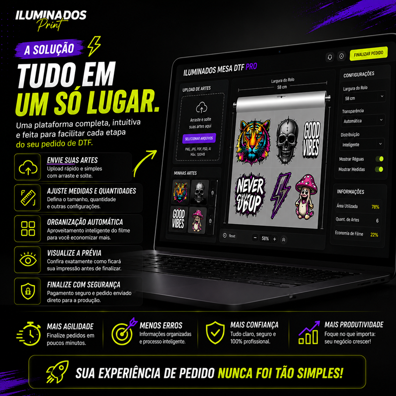 Exemplo de impressão e produto Iluminados